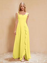 Robe de Demoiselle d'Honneur Sans Manches avec Volants Citron