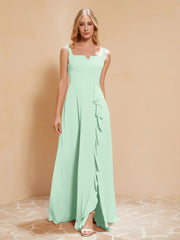Robe de Demoiselle d'Honneur Sans Manches avec Volants Vert Menthe