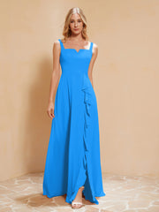 Robe de Demoiselle d'Honneur Sans Manches avec Volants Bleu Océan