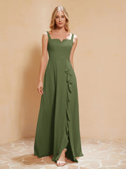 Robe de Demoiselle d'Honneur Sans Manches avec Volants Olive Verte Grande Taille
