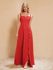 Robe de Demoiselle d'Honneur Sans Manches avec Volants Rouge