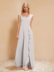Robe de Demoiselle d'Honneur Sans Manches avec Volants Argent