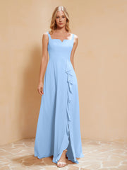 Robe de Demoiselle d'Honneur Sans Manches avec Volants Bleu Ciel Grande Taille
