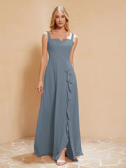 Robe de Demoiselle d'Honneur Sans Manches avec Volants Bleu de Schiste Grande Taille