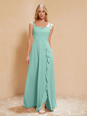 Robe de Demoiselle d'Honneur Sans Manches avec Volants Turquoise