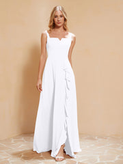 Robe de Demoiselle d'Honneur Sans Manches avec Volants Blanc