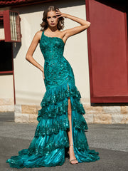 Robe Trompette à Une Épaule en Dentelle et Paillettes Vert Foncé Grande Taille