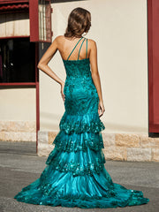 Robe Trompette à Une Épaule en Dentelle et Paillettes Vert Foncé Grande Taille