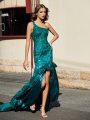 Robe Trompette à Une Épaule en Dentelle et Paillettes Vert Foncé