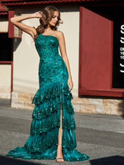 Robe Trompette à Une Épaule en Dentelle et Paillettes Vert Foncé