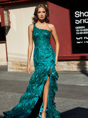 Robe Trompette à Une Épaule en Dentelle et Paillettes Vert Foncé