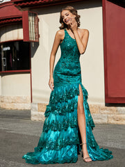 Robe Trompette à Une Épaule en Dentelle et Paillettes Vert Foncé