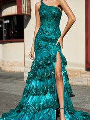 Robe Trompette à Une Épaule en Dentelle et Paillettes Vert Foncé