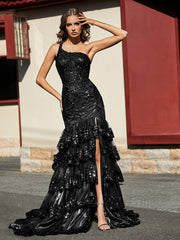 Robe Trompette à Une Épaule en Dentelle et Paillettes Noir