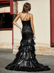 Robe Trompette à Une Épaule en Dentelle et Paillettes Noir