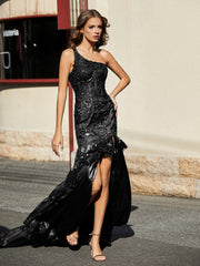 Robe Trompette à Une Épaule en Dentelle et Paillettes Noir