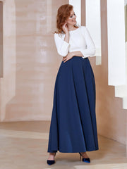 Robe de A-ligne à Col en Dentelle Longueur de Mollet Bleu Marine