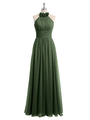 Licou Mousseline Longueur Complète Robe Avec Fleurs Olive Verte Grande Taille