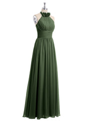 Licou Mousseline Longueur Complète Robe Avec Fleurs Olive Verte Grande Taille