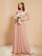 Maxi Robe de Demoiselle d'Honneur Appliquée avec Haut en Dentelle Rose Poudré Grande Taille