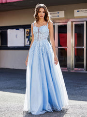 Robe de Soirée de A-ligne en Tulle à Col Carré Longueur au Sol Bleu Ciel Grande Taille