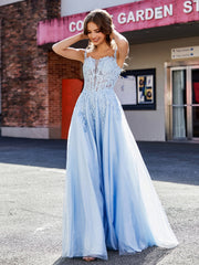 Robe de Soirée de A-ligne en Tulle à Col Carré Longueur au Sol Bleu Ciel Grande Taille