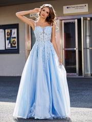 Robe de Soirée de A-ligne en Tulle à Col Carré Longueur au Sol Bleu Ciel Grande Taille