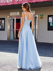Robe de Soirée de A-ligne en Tulle à Col Carré Longueur au Sol Bleu Ciel Grande Taille
