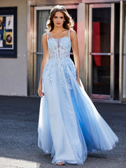 Robe de Soirée de A-ligne en Tulle à Col Carré Longueur au Sol Bleu Ciel Grande Taille