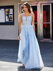 Robe de Soirée de A-ligne en Tulle à Col Carré Longueur au Sol Bleu Ciel Grande Taille