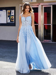 Robe de Soirée de A-ligne en Tulle à Col Carré Longueur au Sol Bleu Ciel Grande Taille