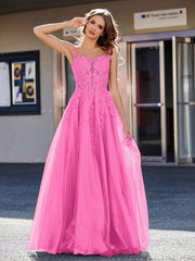 Robe de Soirée de A-ligne en Tulle à Col Carré Longueur au Sol Azalée