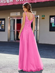 Robe de Soirée de A-ligne en Tulle à Col Carré Longueur au Sol Azalée
