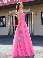Robe de Soirée de A-ligne en Tulle à Col Carré Longueur au Sol Azalée