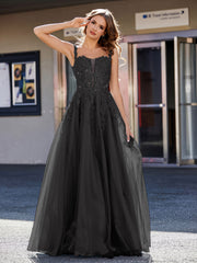 Robe de Soirée de A-ligne en Tulle à Col Carré Longueur au Sol Noir Grande Taille