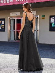 Robe de Soirée de A-ligne en Tulle à Col Carré Longueur au Sol Noir Grande Taille