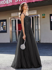 Robe de Soirée de A-ligne en Tulle à Col Carré Longueur au Sol Noir Grande Taille