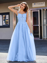 Robe de Soirée de A-ligne en Tulle à Col Carré Longueur au Sol Bleu
