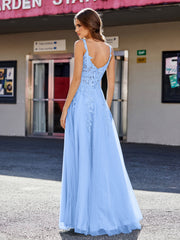 Robe de Soirée de A-ligne en Tulle à Col Carré Longueur au Sol Bleu