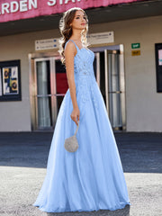 Robe de Soirée de A-ligne en Tulle à Col Carré Longueur au Sol Bleu