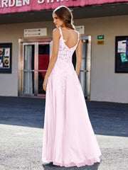 Robe de Soirée de A-ligne en Tulle à Col Carré Longueur au Sol Rose Pâle