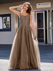 Robe de Soirée de A-ligne en Tulle à Col Carré Longueur au Sol Brun
