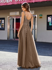 Robe de Soirée de A-ligne en Tulle à Col Carré Longueur au Sol Brun
