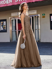 Robe de Soirée de A-ligne en Tulle à Col Carré Longueur au Sol Brun