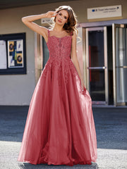 Robe de Soirée de A-ligne en Tulle à Col Carré Longueur au Sol Bordeaux Grande Taille