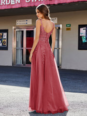Robe de Soirée de A-ligne en Tulle à Col Carré Longueur au Sol Bordeaux