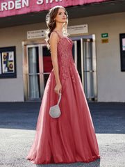 Robe de Soirée de A-ligne en Tulle à Col Carré Longueur au Sol Bordeaux