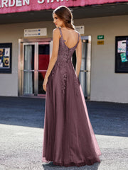Robe de Soirée de A-ligne en Tulle à Col Carré Longueur au Sol Cabernet Grande Taille