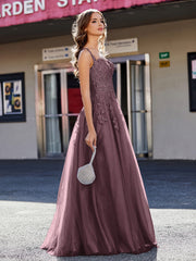 Robe de Soirée de A-ligne en Tulle à Col Carré Longueur au Sol Cabernet Grande Taille