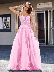 Robe de Soirée de A-ligne en Tulle à Col Carré Longueur au Sol Rose Bonbon